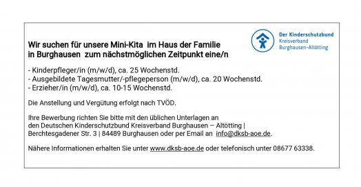 Wir suchen fÃ¼r unsere Mini-Kita in Burghausen: